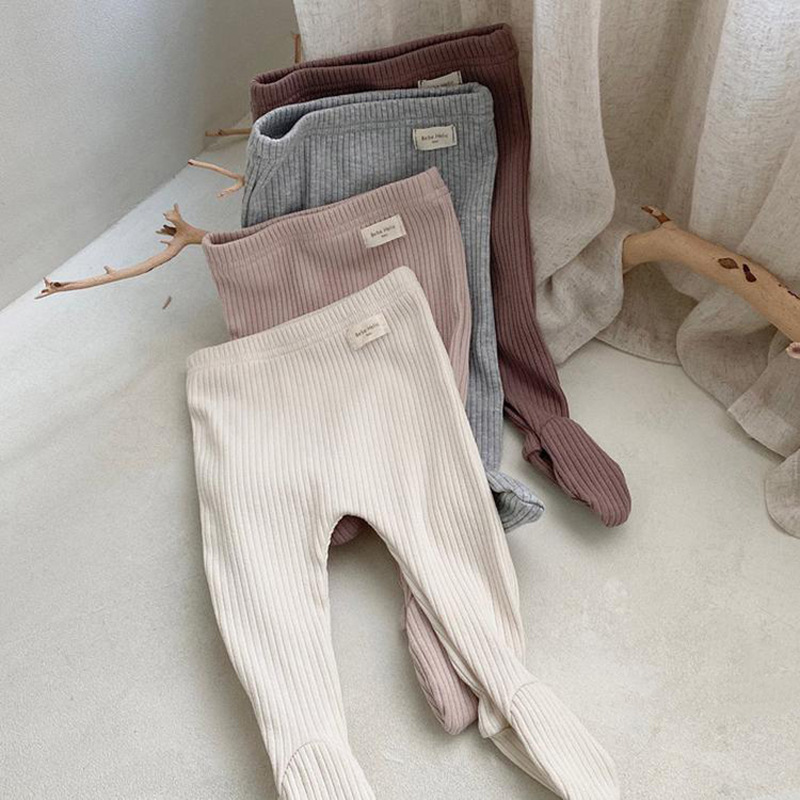 Conyson Striped Organic Cotton Baby tight pants with Foot Solid Pure Color Ruffle Ribbed Tights Leggings baby knitted  Leggings