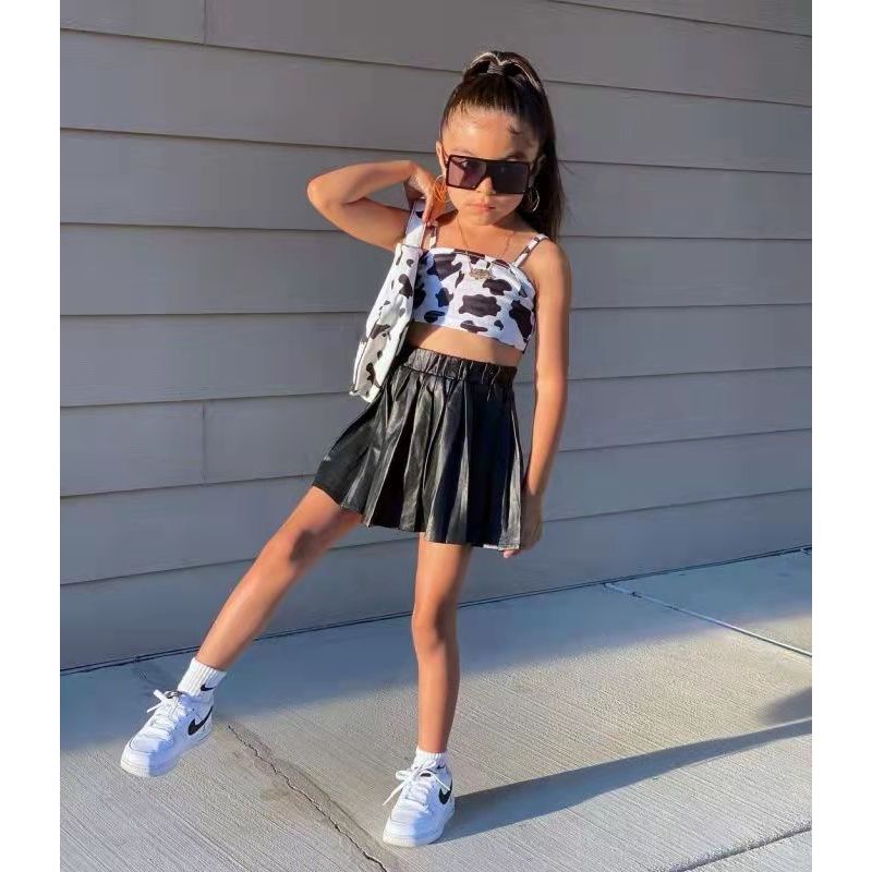 Conyson Wholesale Summer Sleeveless Printing Vest Top+PU Skirts Kids Girls Casual Fashion 2pcs Outfits