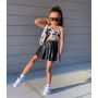 Conyson Wholesale Summer Sleeveless Printing Vest Top+PU Skirts Kids Girls Casual Fashion 2pcs Outfits