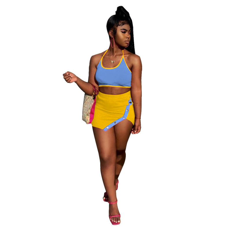 2022 Summer Color Blocking Women Two Piece Suit Tank Tops Miniskirt Outfits Backless Rivet Irregular Casual Skirt Sets