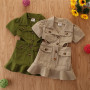 Conyson Fashion Summer Kids Girls Dress Kids Clothes Short Sleeves New Solid Button Pocket Turn Down Collar A-Line Mini Dress