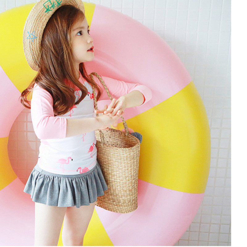 Conyson Wholesale Summer Beach Kids Clothes Two Piece Baby Girls Long Sleeve Flamingo Bikini Children Ruffle Beachwear Swimwear