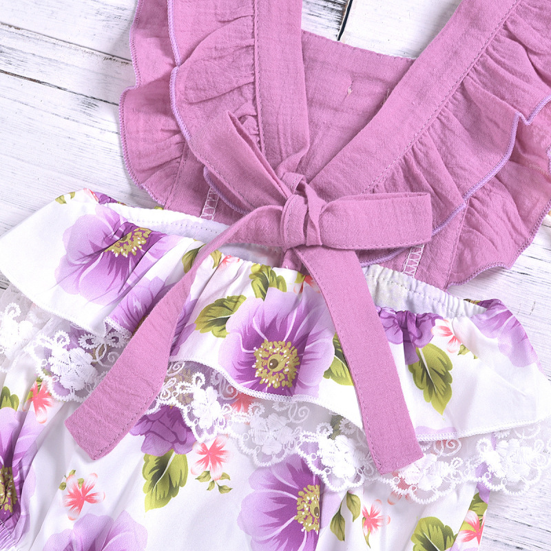 Conyson Hot Sale New Designer European Kids Clothes Princess Sleeveless Jumpsuit Flower Print Hairball Lace Baby Girls Rompers