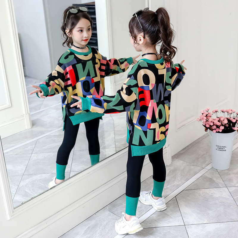 Autumn Kid Clothing Fashion Casual Set Kid Letter Sweater Leggings Two-piece Set