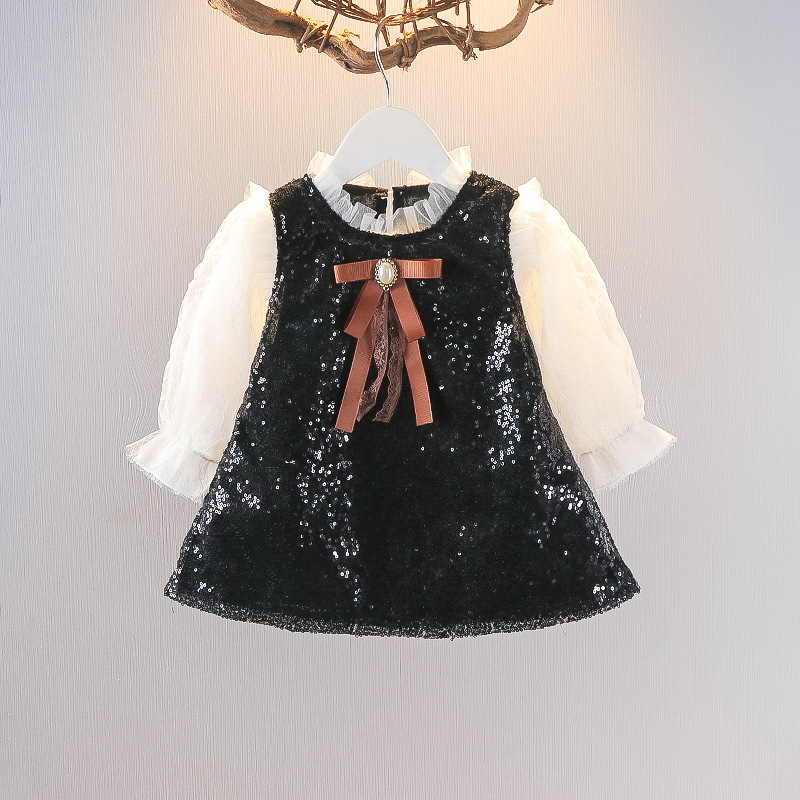 Conyson New Fall Kids Girl Clothing Mesh Long Ruffle Sleeve Shiny Sequin Bow Mid Dress Elegant Princess Party Dresses