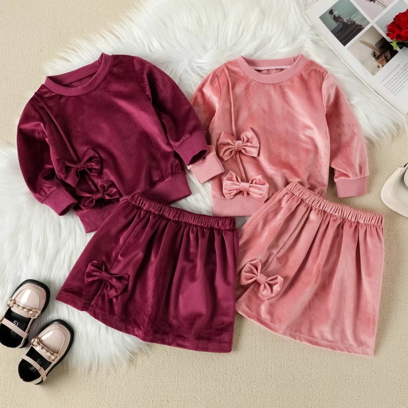 Conyson Pink Long Sleeve Sweater Bowknot Skirt 2 Piece Kids Girls Clothing Set Thick Hoodie Winter Children Girls Solid Outfits