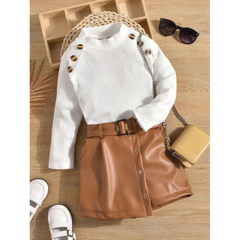 Conyson Winter Hot Sale Children Clothes Knit Long Sleeve Button Sweater Leather Shorts Two Piece Elegant Girls Outfits