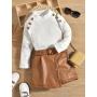 Conyson Winter Hot Sale Children Clothes Knit Long Sleeve Button Sweater Leather Shorts Two Piece Elegant Girls Outfits