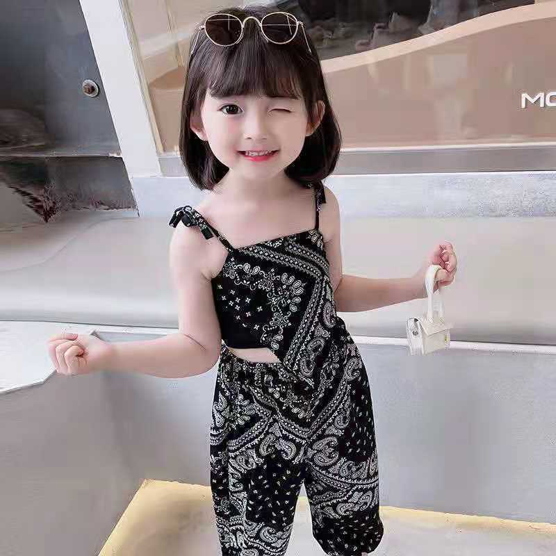 Conyson Wholesale Hot Fashion Kids Clothes Summer Sleeveless Off Shoulder Printed Halter Vest Tops Geometric Casual Pants Sets