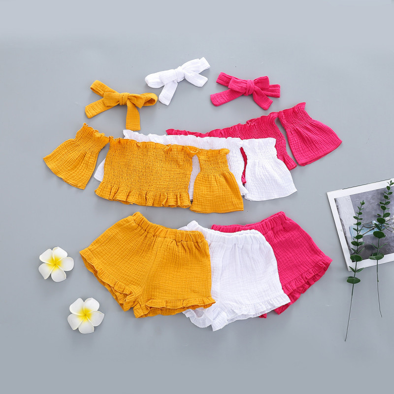 Conyson Wholesale New Summer Solid Sleeveless Off-the-shoulder Pleated Tops and Shorts Casual 3Pcs Kids Baby Girls Clothes Sets