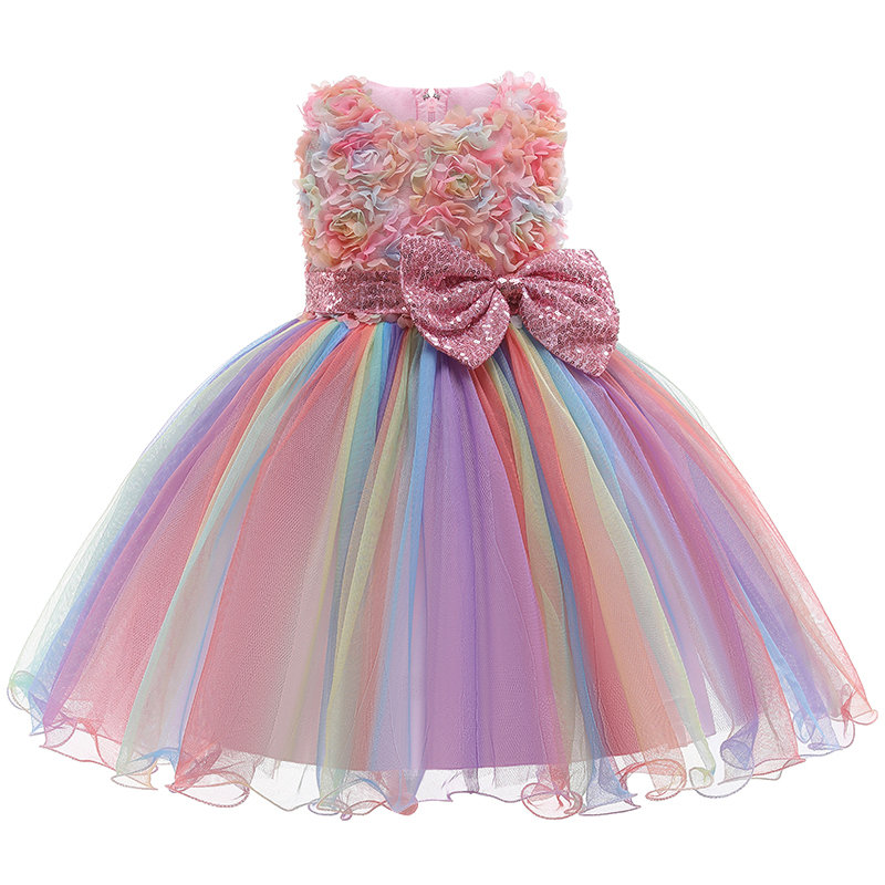 Conyson Wholesale Princess Kids Girls Party Dress 3 Colors Lace Flowers Sleeveless Sequined Big Bow Tutu Sundress Layered Skirt
