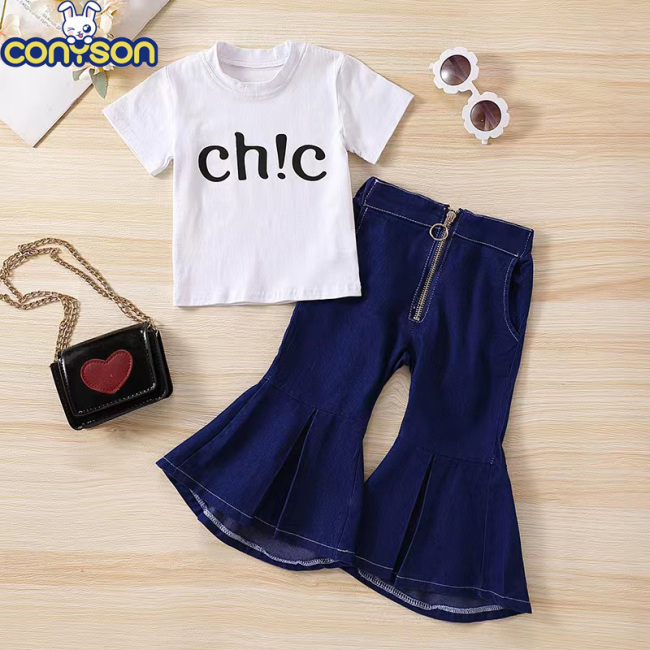Conyson New Arrival Summer Cotton Europeon Style Short Sleeve Denim Pants 3years -8years rts girl kids Two Piece clothing sets