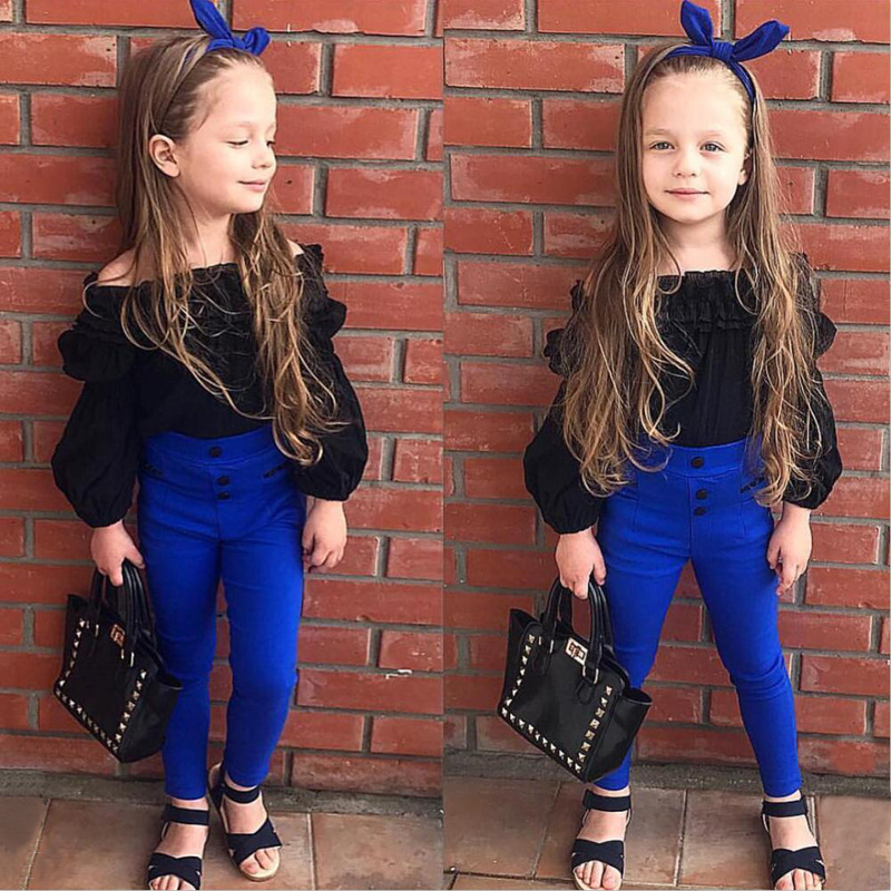Hot-selling Chiffon Collar Kids Off Shoulder Outfit Girls Boutique Clothing Two Piece Set Children