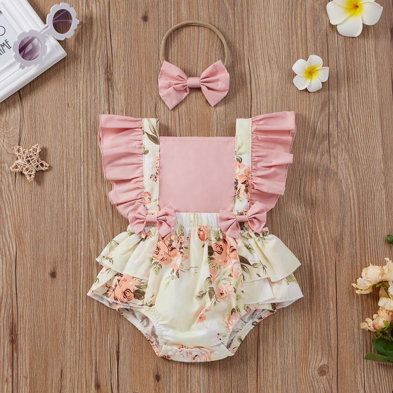 Conyson Baby Girl Flower Ruffle Romper Newborn Backless Jumpsuit Headband Girls Sunsuit Outfit 2pcs Baby Summer Clothing
