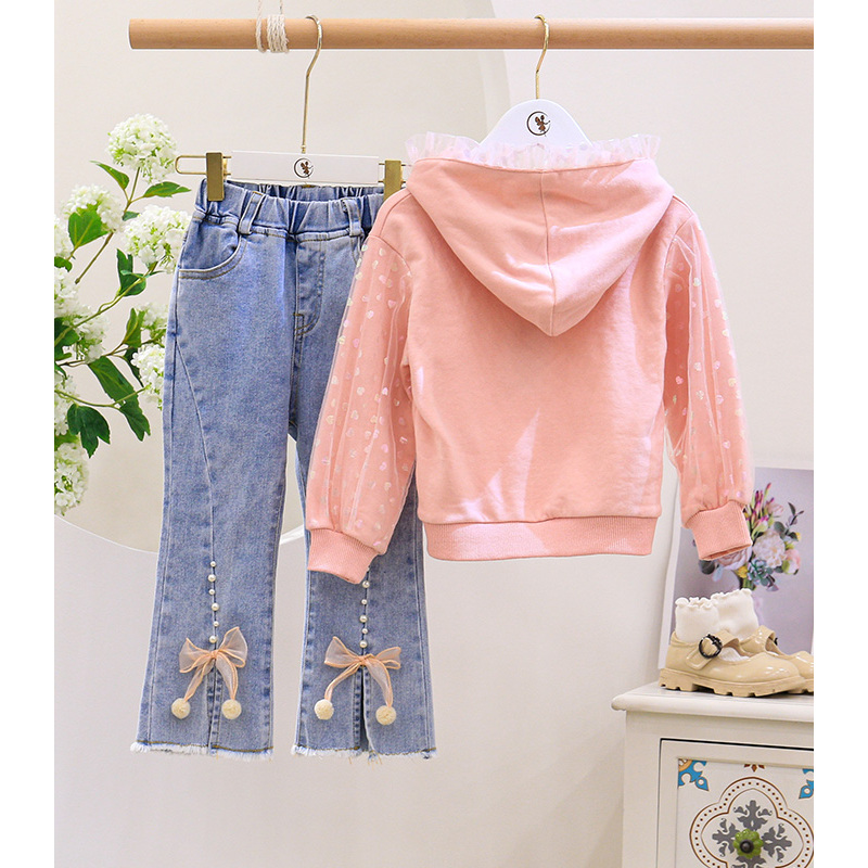 Conyson Custom Two Piece Outfits Top + Pearl Bead Denim Pants Cute Baby Girl Clothes Kids Casual Wear Girls Clothing Sets