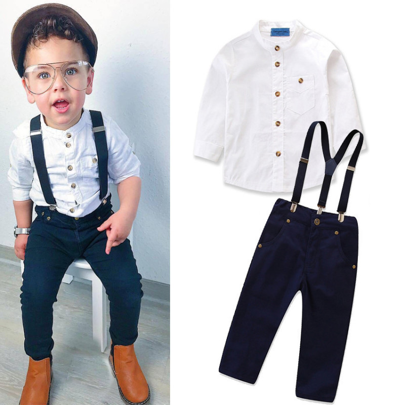 Custom Apparel Shirt Long Sleeve Top Shirt Rompers Kids Boy Suspender Pants 2 Piece Set