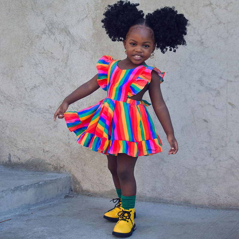 Conyson Cotton Casual Princess Short Dresses Colorful Rainbow Striped Sleeveless Ruffle Little Girls Pinafore Dress