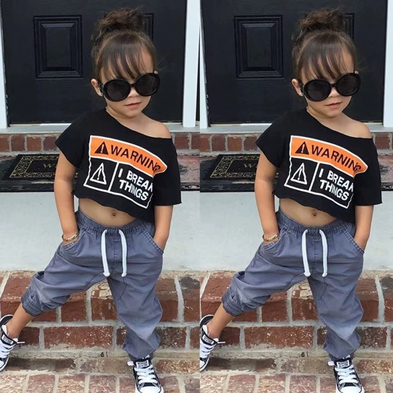Conyson Wholesale Summer Kids Girls Sportswear High Waist T-shirt Long Pants Tracksuit Casual Printing Short Sleeve  Sport Suits