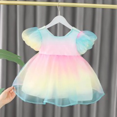 Conyson High Quality Summer 99% Cotton Comfortable Puff Sleeve Colorful Rainbow Floral Dresses 1-3 Years Baby Clothes Girl Dress