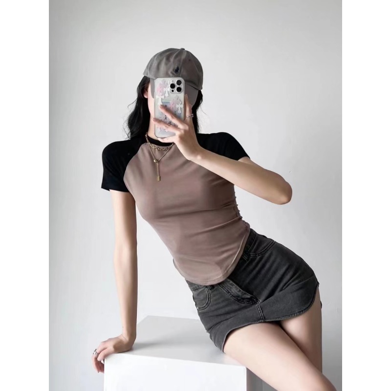 Conyson Hot Sale Custom Print Plain Summer Cotton Slim Fit T Shirt Short Sleeve Curved Hem Splicing Hits Two Color T-shirt Women