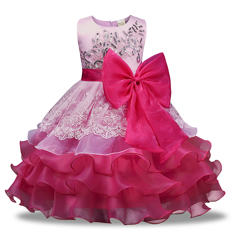 Wholesale Flower Girls Party Wedding Princess Dress Sequins Decoration Mesh Hem Sleeveless Dress Girls Bow Ruffles Lace Dress