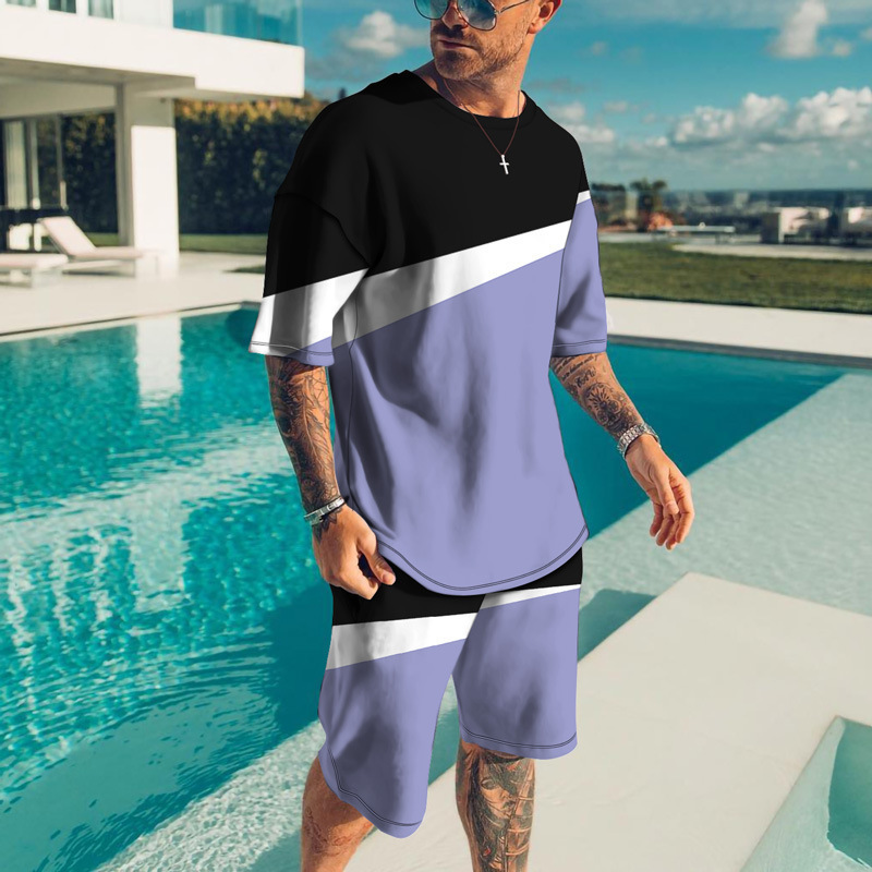 hot sale rts summer Custom logo Made Outdoor men jogger Clothes suit patchwork color clothing two-piece adult t-shirt short Set