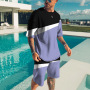 hot sale rts summer Custom logo Made Outdoor men jogger Clothes suit patchwork color clothing two-piece adult t-shirt short Set