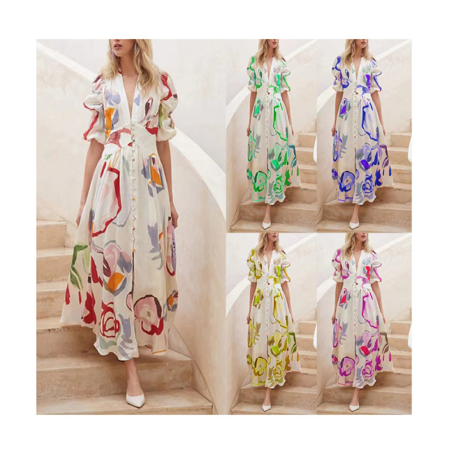 Conyson Low MOQ Spring Autumn Long Sleeve Western Style Polyester V-neck Beach High-waisted Printed Bodycon Women Dress