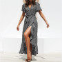 Conyson Wholesale Short Sleeves Prom Elegant V-neck Fashion Ruffles Polka Dot Floral Maxi Split Beach Lady Casual Women Dresses