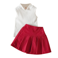 Conyson Wholesale summer toddler 2-7y Girl Newborn Clothes Suit Solid Color Sleeveless Top Pleated Skirt Two-Piece Girl Set
