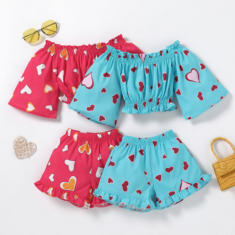 Conyson Summer Fashion Heart Print Shorts Clothes Suits Shoulder High Waist Top Shorts Flower 2pcs Littler Girl Outfits