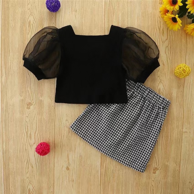 Conyson High Quality Low MOQ Children Summer Baby Girls Solid Bubble Sleeve Tops + Lattice Skirts Little Girl Two Piece Sets