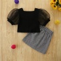 Conyson High Quality Low MOQ Children Summer Baby Girls Solid Bubble Sleeve Tops + Lattice Skirts Little Girl Two Piece Sets