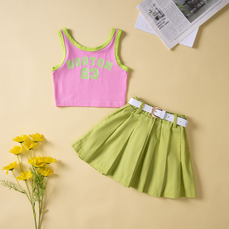 Conyson Wholesale Fashion Little Girls Kids Clothes Sets 2pcs Letter Patchwork Sleeveless Causal Vest+Solid Pleated Skirts+Belt