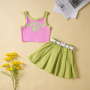 Conyson Wholesale Fashion Little Girls Kids Clothes Sets 2pcs Letter Patchwork Sleeveless Causal Vest+Solid Pleated Skirts+Belt