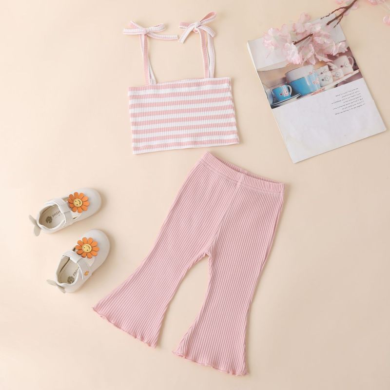 Conyson Wholesale Set summer kids Girl stripe sleeveless rib Tops With pure color clothing set long bell-bottoms children's suit