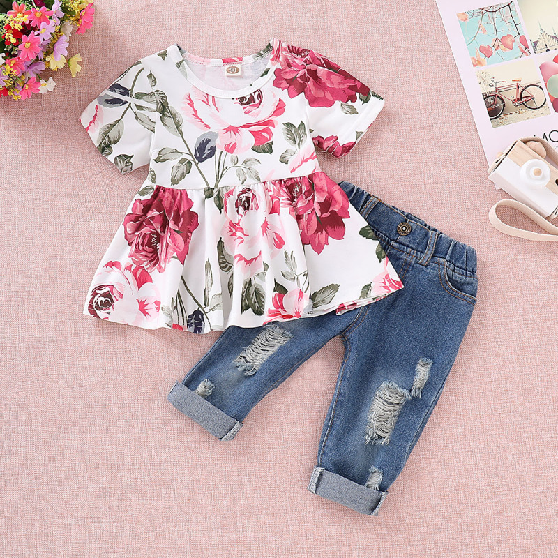 Hot sale 2021 Summer Popular  Fashion baby Girls Print ruffle Tops  ripped jeans denim Trousers Clothing sets