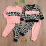 Conyson Girl's Two Piece Set Children's Leopard Printed Color Block Crew Neck Long Sleeve Pullover Pants Set