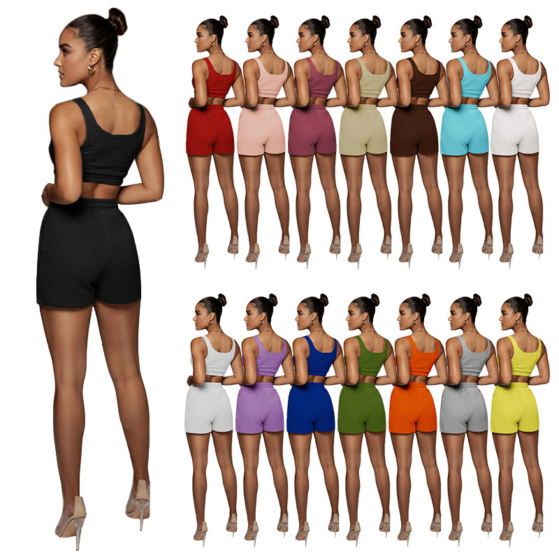 Conyson Hot Solid Color Double Layer Vest Suit Popular Sports Sleeveless Stitching Ladies Vest Sports Suit Two Piece Pants Set