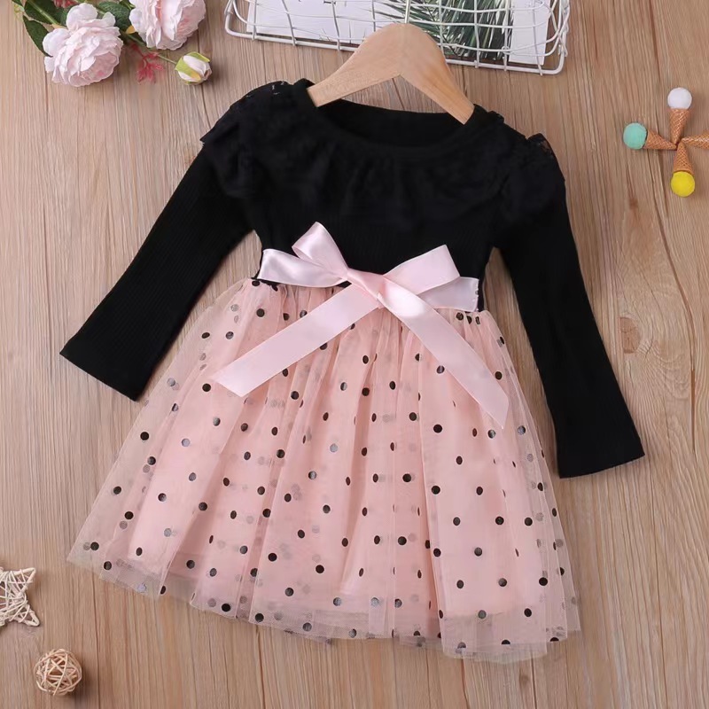 Conyson Stock Lots Spring Autumn Casual Style O-neck Long Sleeve 95% Cotton Soft DOT Lace Binding Baby Clothes Girl Dresses