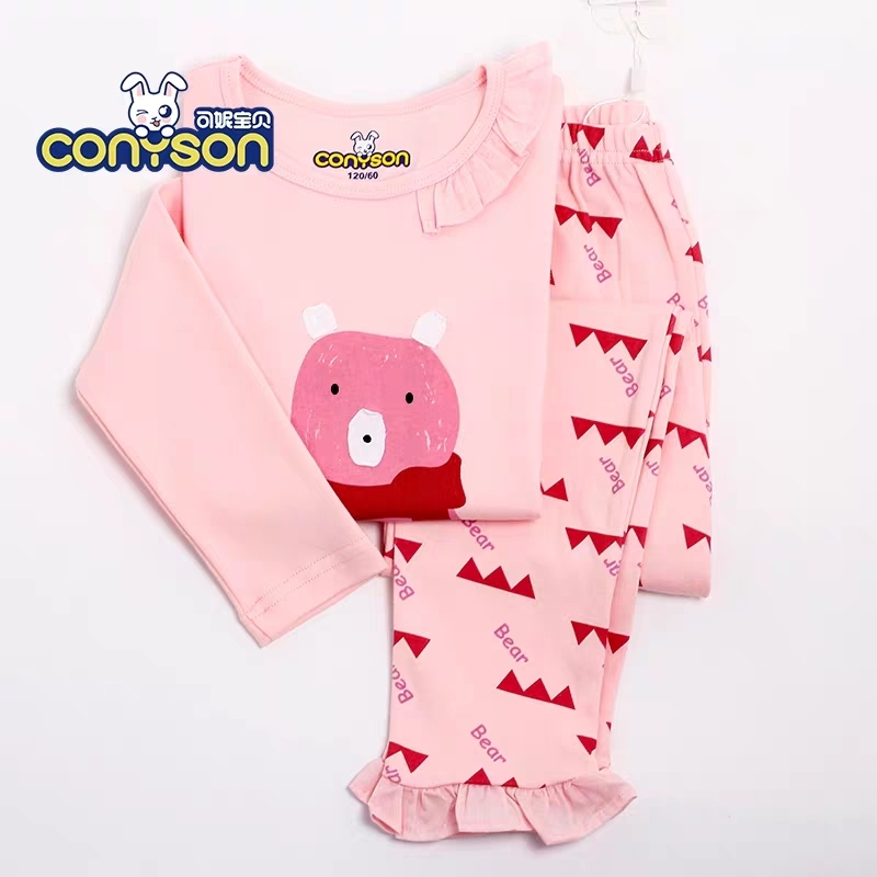 Wholesale Little Girl Cartoon Print Winter Knitted Korean Sleeping Pajama Set Kids