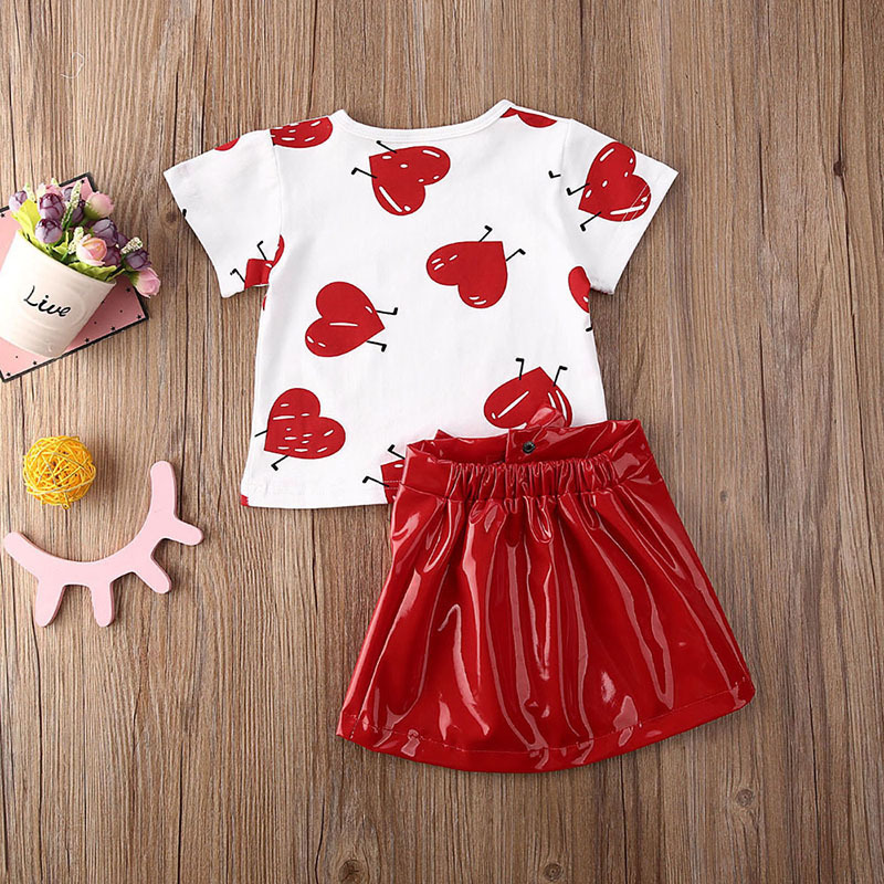 Children'S Suit Short Sleeve Top T-Shirt Pu Leather Skirt Kids Girls 2 Piece Clothing Set