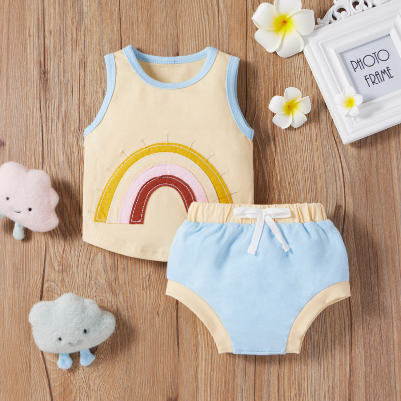 Conyson  Newborn Baby Girls Boys Clothes Sets Kids Clothes Custom Cotton Colors Rainbow Print Sleeveless Vest Tops Shorts Sets