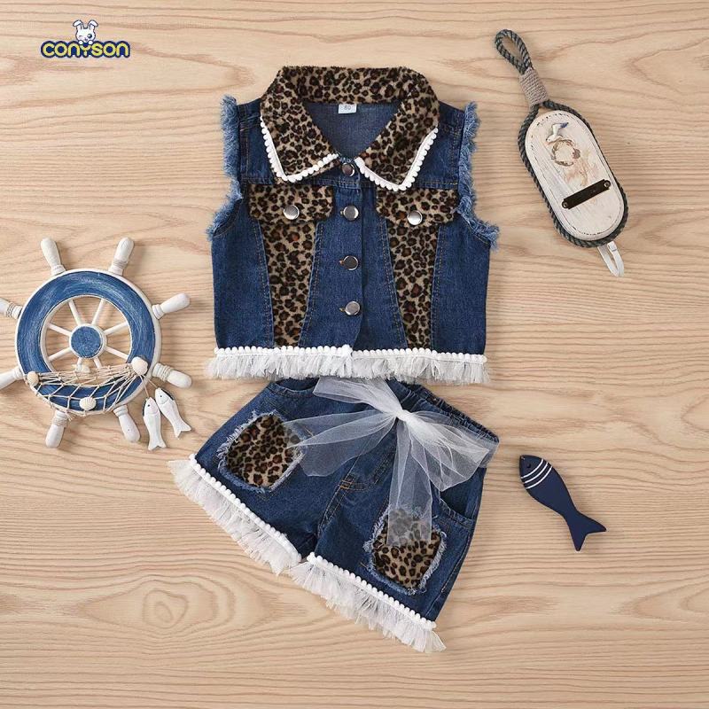 Conyson Wholesale Summer Girl Solid 2pcs Outfits Short Sleeves Shirt  Shorts Children's Girls 2 Piece Casual Litter Girls Suits