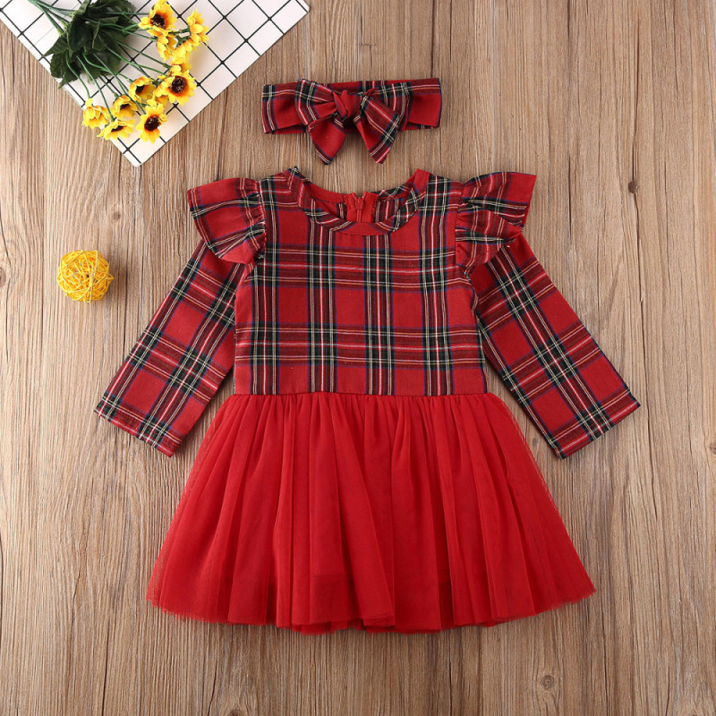 Conyson Baby Girls Christmas Dress Long Sleeve Red Plaid Princess Dresses For Newborn Red Party Xmas Dress Hairbands Set