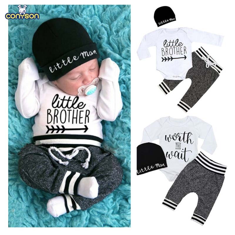 Conyson 0-18Months Newborn Boy Letter Print Clothes Cotton Sets Long Sleeve Romper Pant Hats Outfit 3Pcs Toddle Baby Warm Suits