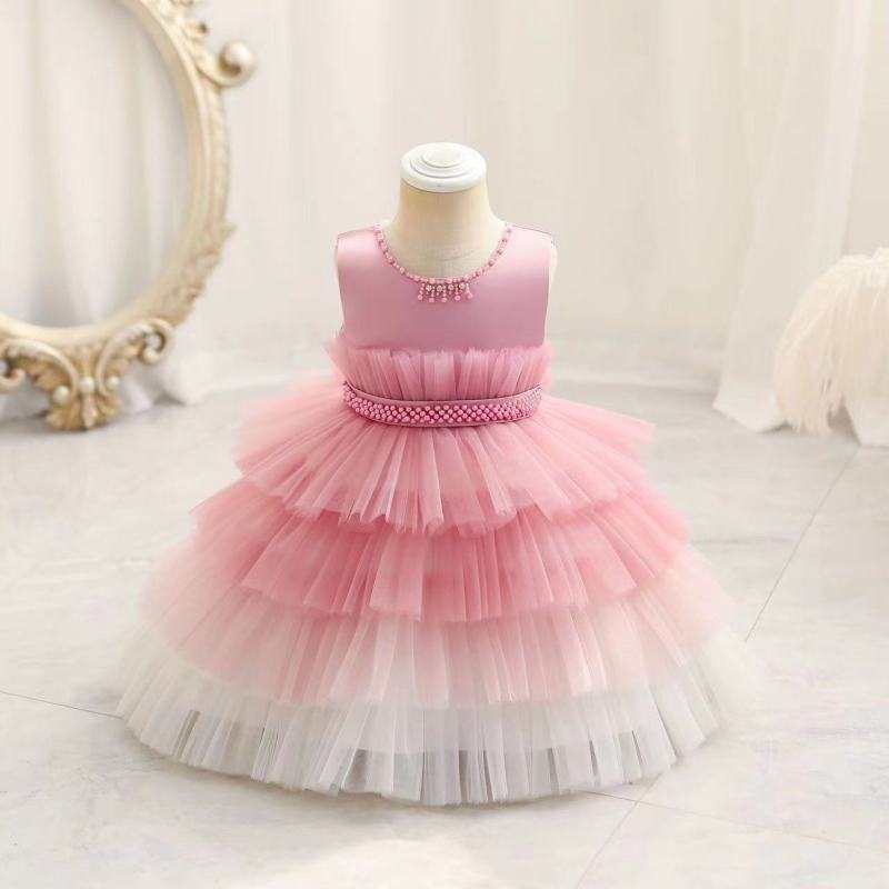 Conyson Lovely Floral Sleeveless Dress Toddler Infant Newborn Layered Pearl Princess Dress Ombre Cute Party Dress