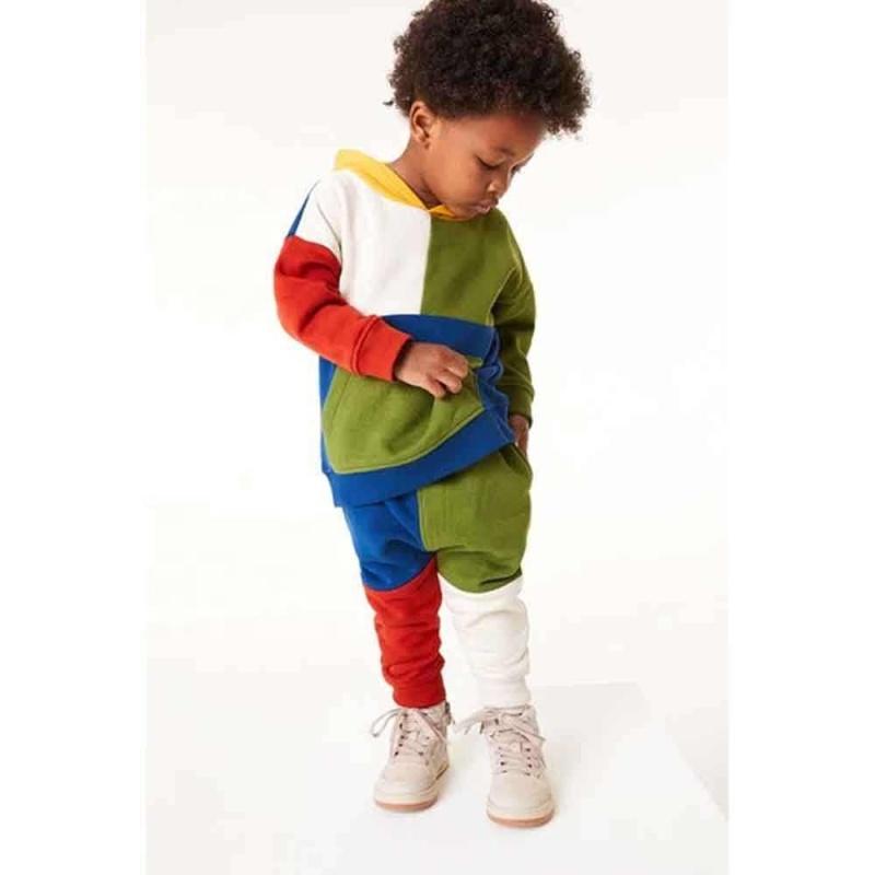 Conyson Wholesale Custom Autumn Winter Long Sleeves Patchwork Fleece Unisex Logo Sports Tracksuit Hoodies Kids Clothes Sets Plus