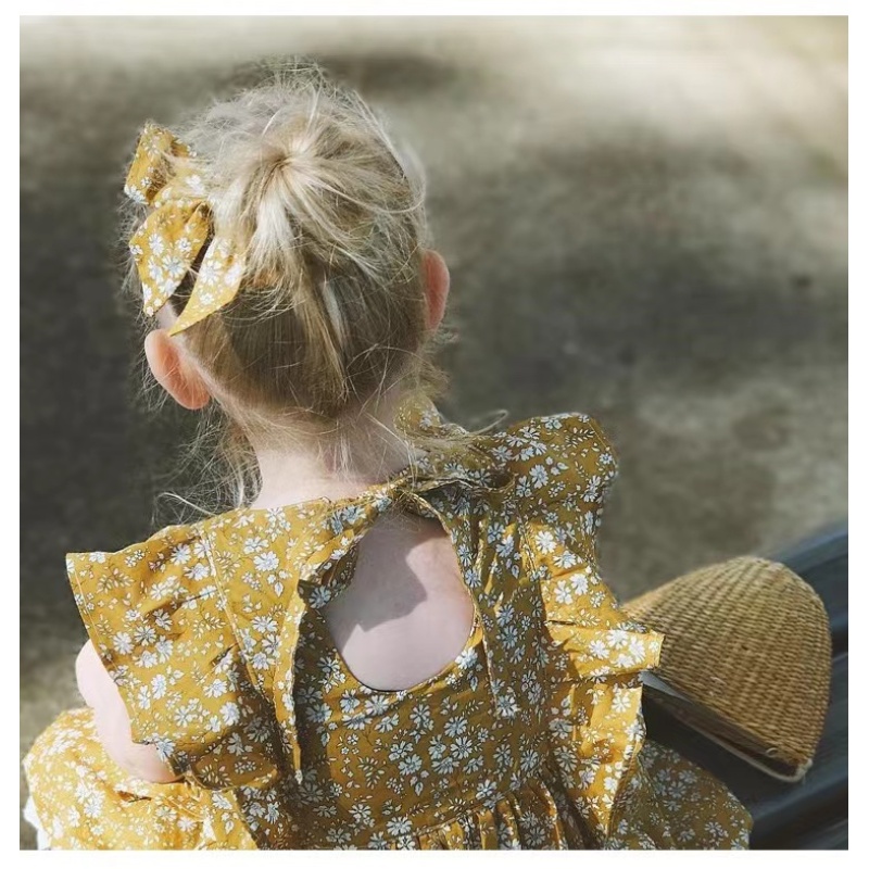 Conyson boutique Solid Color Kid Clothes fly sleeve Casual Baby Girl Bow Princess clothing Dress