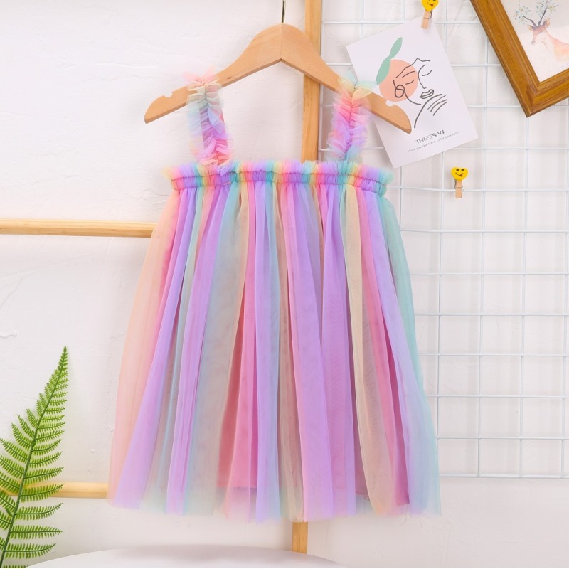 2021 Ins summer new girls sleeveless suspender net gauze clothes children net gauze princess rainbow tutu skirt baby dress